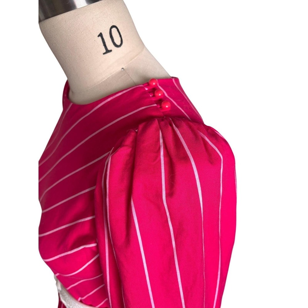 Hot Pink LGWU Midi Dress Womens Classic Union Made Pinstripe Puff Sleeve 80s USA - Picture 5 of 8